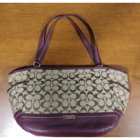 Coach Brown Signature Fabric and Wine Leather Bag  F23297 - Picture 1 of 12